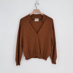 Grey Ven Pure Cashmere Collared V-Neck Cardigan Brown Button Down Sweater Size S